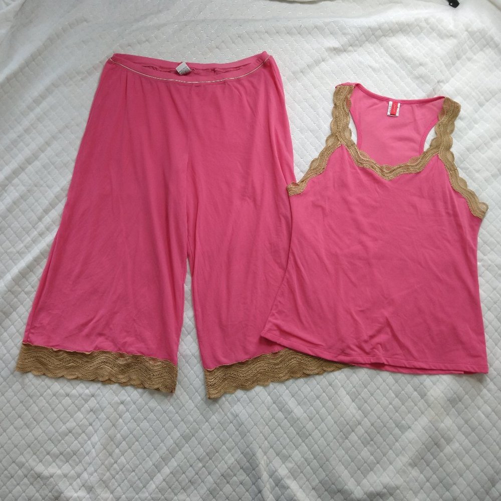 Josie Natori Pajamas Sleep Set Racerback Tank Cropped Pants Mesh Lace Pink Beige